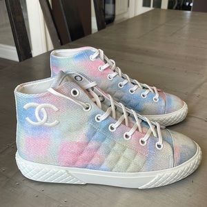Chanel white pastel high top sneaker trainer tie dye pink blue flats sz 38.5